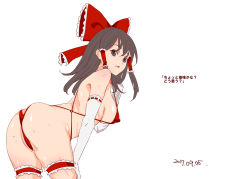 Rule 34 | 1girl, ass, bent over, black eyes, black hair, bow, breasts, bridal garter, covered erect nipples, elbow gloves, gloves, hair bow, hair tubes, hakurei reimu, long hair, looking at viewer, medium breasts, nyuu (manekin-eko), one-piece swimsuit, red bow, red one-piece swimsuit, red slingshot swimsuit, ribbon-trimmed gloves, ribbon trim, slingshot swimsuit, solo, sweat, swimsuit, touhou, translation request, white gloves