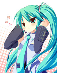 Rule 34 | amakara surume, bad id, bad pixiv id, blush, detached sleeves, green eyes, green hair, hatsune miku, long hair, musical note, necktie, smile, solo, twintails, very long hair, vocaloid
