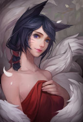 Rule 34 | 1girl, ahri (league of legends), alternate hairstyle, animal ears, bare shoulders, black hair, blue eyes, blue hair, branch, breasts, closed mouth, collarbone, eyelashes, eyeliner, eyeshadow, facial mark, fingernails, flower, fox ears, fox tail, hair ribbon, hair up, hand up, head tilt, highres, holding, leaf, league of legends, lips, lipstick, long fingernails, looking at viewer, makeup, mascara, matching hair/eyes, medium breasts, miao lin, multiple tails, naked towel, nose, nude, petals, pink lips, purple eyes, realistic, red ribbon, red towel, ribbon, solo, swept bangs, tail, towel, upper body, whisker markings