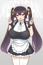 Rule 34 | 1girl, :d, apron, breasts, bright pupils, brown hair, choujiroo, cowboy shot, double v, fang, frilled apron, frills, hair ornament, hair ribbon, hairclip, highres, large breasts, long hair, maid, maid headdress, omori minori, open mouth, original, puffy short sleeves, puffy sleeves, purple eyes, ribbon, short sleeves, smile, solo, thighhighs, twintails, v, very long hair, white thighhighs, wristband, zettai ryouiki