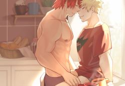 Rule 34 | 2boys, abs, bakugou katsuki, basket, black male underwear, blonde hair, boku no hero academia, bread, bread slice, closed eyes, coffee, coffee mug, commentary, cup, donnaoneone, food, hand on another&#039;s thigh, holding, holding cup, imminent kiss, indoors, kirishima eijirou, light, male focus, male underwear, mug, multiple boys, muscular, nipples, pectorals, plant, potted plant, red hair, red shirt, shirt, short shorts, shorts, sitting, spiked hair, steam, symbol-only commentary, topless male, underwear, yaoi