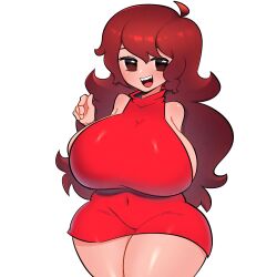 Rule 34 | 1girl, animification, blush, breasts, brown hair, covered navel, cowlick, dress, eyebrows hidden by hair, fangs, friday night funkin&#039;, girlfriend (friday night funkin&#039;), halter dress, halterneck, highres, huge breasts, long hair, looking at viewer, mishythesheep, red dress, sideboob, smile, solo, thick thighs, thighs, very long hair, white background, wide hips