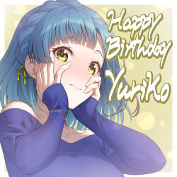 Rule 34 | 1girl, bare shoulders, blue hair, blunt bangs, blush, border, bracelet, braid, breasts, character name, closed mouth, collarbone, commentary request, crown braid, fingernails, gradient background, hair ribbon, hands on own cheeks, hands on own face, hands up, happy birthday, highres, idolmaster, idolmaster million live!, jewelry, long sleeves, looking at viewer, medium breasts, medium hair, nanao yuriko, nanaran, nose blush, off-shoulder shirt, off shoulder, outside border, purple shirt, ribbon, shirt, sleeves past wrists, solo, upper body, wavy mouth, white border, yellow background, yellow eyes, yellow ribbon