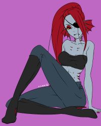 Rule 34 | 1girl, bare shoulders, blue skin, boots, breasts, colored skin, eyepatch, fangs, female focus, fins, fish girl, flat color, gills, head fins, high heel boots, high heels, long hair, red hair, simple background, solo, undertale, undyne