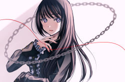 Rule 34 | 1girl, black hair, blunt bangs, chain, closed mouth, gogat8, gothic lolita, lipstick, lolita fashion, long hair, long sleeves, looking at viewer, makeup, mizuki nana, nail polish, purple eyes, real life, red nails, simple background, solo, string, string of fate, upper body
