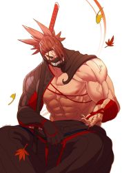 Rule 34 | 1boy, abs, bara, bare pectorals, biceps, brown hair, falling leaves, fate/grand order, fate (series), hakama, highres, igote, japanese clothes, leaf, male focus, mask, muscular, muscular male, over shoulder, pectorals, rao (live-w), simple background, sitting, solo, stomach, sword, sword over shoulder, tanaka shinbei (fate), upper body, weapon, weapon over shoulder