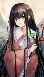 Rule 34 | 1girl, absurdres, black hair, blush, branch, diffraction spikes, egasumi, frilled shirt collar, frilled sleeves, frills, full moon, hand up, head tilt, highres, hime cut, holding, holding branch, houraisan kaguya, jeweled branch of hourai, long hair, long sleeves, looking at viewer, maho moco, moon, neck ribbon, open mouth, raised eyebrows, red eyes, ribbon, sidelocks, smile, solo, sparks, touhou, upper body, very long hair, white ribbon, wide sleeves