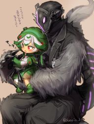 Rule 34 | 1boy, 1girl, :d, black jacket, blush, bondrewd, child, claws, dress, fur, gloves, green dress, green footwear, green gloves, hat, helmet, highres, jacket, made in abyss, multicolored hair, open mouth, prushka, red eyes, shoes, short hair, smile, spoilers, streaked hair, suurin (ksyaro), tail, translated, twitter username, white hair