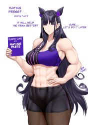 Rule 34 | 1girl, abs, absurdres, black hair, book, double bun, english text, fate/grand order, fate (series), hair bun, hand on own hip, highres, holding, holding book, long hair, looking at viewer, murasaki shikibu (fate), muscular, muscular female, purple eyes, ryo (ryo artys), shorts, simple background, solo, sports bra, sportswear, two-tone sports bra, white background