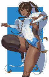 Rule 34 | 1girl, ahoge, armpit crease, asymmetrical legwear, black leotard, black socks, blue background, blush, border, braid, breasts, bridal gauntlets, brown hair, cape, capelet, character request, china dress, chinese clothes, colored inner hair, commentary request, copyright request, dark-skinned female, dark skin, dress, fang, fingernails, groin, hai ookami, high heels, highres, horns, jewelry, kneehighs, knees, leotard, long fingernails, long hair, mons pubis, multicolored hair, nail polish, oni horns, open mouth, outside border, ring, side braids, simple background, skirt, socks, solo, standing, standing on one leg, sweatdrop, thighhighs, thighs, v-shaped eyebrows, white border, white footwear, yellow eyes