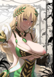 Rule 34 | 1girl, armor, armpits, bare shoulders, bikini, bikini pull, black gloves, blonde hair, blush, braid, braided ponytail, breasts, cleavage, closed mouth, clothes pull, collarbone, crown braid, demeter (fate), detached collar, dress, earrings, fate/grand order, fate (series), gie (gienara), gloves, green bikini, green dress, grey eyes, head wreath, highres, jewelry, large breasts, licking lips, long hair, looking at viewer, nipples, pauldrons, pendant, shoulder armor, smile, swimsuit, tongue, tongue out, very long hair