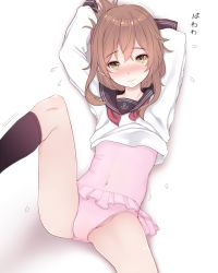 Rule 34 | 10s, 1girl, anchor symbol, arms up, black socks, blush, brown hair, covered navel, flying sweatdrops, folded ponytail, hair ornament, hairclip, highres, inazuma (kancolle), kantai collection, kiyomin, looking at viewer, neckerchief, no pants, one-piece swimsuit, pink one-piece swimsuit, school uniform, serafuku, simple background, socks, solo, spread legs, swimsuit, swimsuit under clothes, white background
