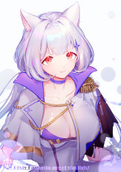 Rule 34 | 1girl, animal ears, breasts, cat ears, choker, cleavage, copyright name, epaulettes, hair ornament, highres, large breasts, lingxia, looking at viewer, naliv (pixiv fantasia age of starlight), pixiv fantasia, pixiv fantasia age of starlight, purple choker, red eyes, silver hair, simple background, solo, upper body, white background
