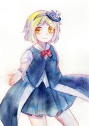 Rule 34 | androgynous, bad id, bad pixiv id, blonde hair, bow, bowtie, dice hair ornament, gender request, hair ornament, len&#039;en, necktie, painting (medium), puffy short sleeves, puffy sleeves, short hair, short sleeves, skirt, smile, solo, traditional media, watercolor (medium), xeno a