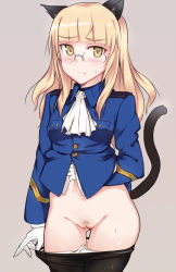 Rule 34 | 1girl, animal ears, blonde hair, blunt bangs, blush, cat ears, cat tail, cleft of venus, clothes pull, cowboy shot, em (totsuzen no hakike), embarrassed, female pubic hair, furrowed brow, glasses, gloves, highres, long hair, looking at viewer, military, military uniform, panties, panties under pantyhose, panty pull, pantyhose, pantyhose pull, perrine h. clostermann, pubic hair, pulled by self, pussy, simple background, solo, standing, strike witches, sweat, sweatdrop, tail, uncensored, underwear, uniform, white gloves, world witches series, yellow eyes