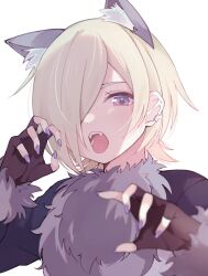 Rule 34 | 1girl, animal ears, black gloves, blonde hair, blurry, blurry foreground, claw pose, fangs, fingerless gloves, fur-trimmed sleeves, fur collar, fur trim, gloves, hair over one eye, highres, long sleeves, looking at viewer, love live!, love live! nijigasaki high school idol club, mia taylor, notyu maru, one eye covered, open mouth, purple eyes, purple nails, short hair, solo, upper body, white background, wolf ears