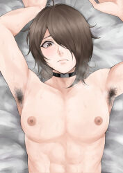 Rule 34 | 1boy, abs, androgynous, armpit hair, armpits, arms up, bed sheet, black choker, brown eyes, brown hair, choker, from above, furrowed brow, hair over one eye, highres, long bangs, lying, male focus, medium hair, nervous, nipples, no10 direct, nude, on back, one eye covered, original, puffy chest, solo, steaming body, sweat, toned, toned male, upper body