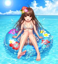 Rule 34 | 1girl, :d, afloat, ahoge, arm support, arms at sides, bad id, bad pixiv id, bare legs, barefoot, bikini, bikini skirt, bird, breasts, breasts apart, brown eyes, brown hair, cameltoe, cloud, day, eyebrows, feet, floral print, flower, front-tie bikini top, front-tie top, full body, hair flower, hair ornament, hibiscus, horizon, innertube, knees together feet apart, lens flare, long hair, looking at viewer, medium breasts, ocean, official art, open mouth, outdoors, partially submerged, polka dot, polka dot bikini, polka dot skirt, re:shimashima, see-through, shimashima, sitting, skirt, sky, smile, soles, solo, splashing, sun, swim ring, swimsuit, toes, tokyo exe girls, ueno junna, water, water drop, wet, white bikini