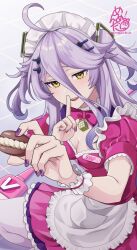 Rule 34 | 1girl, ahoge, apron, breasts, cleavage, cleavage cutout, clothing cutout, dress, finger to mouth, food, food request, grey hair, hair ornament, hairpin, henya the genius, highres, holding, holding food, long bangs, long hair, looking at viewer, maid, maid apron, maid headdress, memenda mori, nail polish, open mouth, pantyhose, pink dress, purple hair, purple nails, small breasts, smile, solo, two side up, virtual youtuber, vshojo, white apron, white headdress, white pantyhose