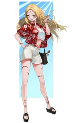 Rule 34 | 1girl, absurdres, arm up, bag, blonde hair, body markings, collared shirt, commentary, crop top, elf, english commentary, facial mark, floral print, full body, gemi ningen, green eyes, green nails, grin, hand on own hip, handbag, hat, hawaiian shirt, highres, korean commentary, long hair, looking at viewer, mixed-language commentary, navel, original, pointy ears, red shirt, sandals, sharp teeth, shirt, shorts, simple background, smile, solo, straw hat, tattoo, teeth, witch