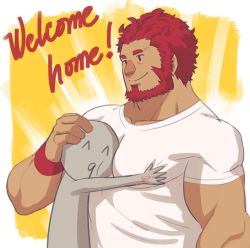 Rule 34 | band, beard, facial hair, fate/grand order, fate/zero, fate (series), iskandar (fate), large pectorals, male focus, pectorals, red hair, scar, scar on face, shirt, simple background, smile, solo focus, t-shirt, upper body, z9labs