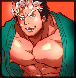 Rule 34 | 1boy, abs, bara, bare pectorals, black hair, blue eyes, dark skin, dark-skinned male, demon boy, demon horns, extra horns, green kimono, highres, horns, japanese clothes, kimono, kizami nori to yamaimo, large pectorals, leaning forward, looking at viewer, macroich (housamo), male focus, multicolored hair, muscular, muscular male, nipples, open clothes, pectorals, short hair, sideburns, smile, solo, stomach, thick eyebrows, tokyo houkago summoners, two-tone hair, upper body, white hair