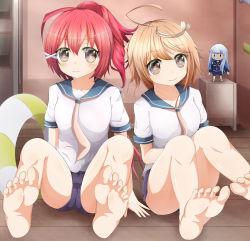 Rule 34 | 10s, 2girls, absurdres, aoki hagane no arpeggio, bad id, bad pixiv id, barefoot, brown eyes, brown hair, character doll, crossover, feet, highres, i-168 (kancolle), i-58 (kancolle), innertube, iona (aoki hagane no arpeggio), kantai collection, long hair, masa masa, multiple girls, personification, ponytail, red hair, school swimsuit, school uniform, serafuku, short hair, sitting, soles, swim ring, swimsuit, swimsuit under clothes, toes, trait connection