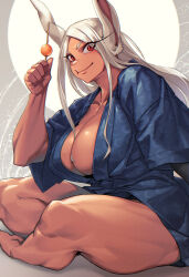 Rule 34 | 1girl, :t, animal ears, bare legs, barefoot, blue kimono, boku no hero academia, breasts, chewing, cleavage, crescent print, dango, dark-skinned female, dark skin, feet, food, highres, holding, holding food, indian style, japanese clothes, kimono, large breasts, long eyelashes, long hair, looking at viewer, mikel (4hands), mirko, parted bangs, rabbit ears, rabbit girl, red eyes, sitting, smile, solo, thick thighs, thighs, toned, wagashi, white hair