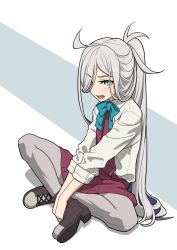 Rule 34 | 1girl, ahoge, asashimo (kancolle), boots, bow, bowtie, commentary request, cross-laced footwear, dress, grey eyes, grey hair, grey pantyhose, hair over one eye, halterneck, highres, indian style, kantai collection, koubakotone, lace-up boots, long hair, long sleeves, looking at viewer, pantyhose, ponytail, sharp teeth, shirt, simple background, sitting, solo, teeth, very long hair, white shirt