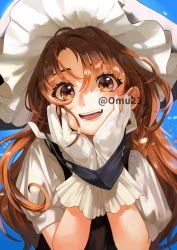 Rule 34 | 1girl, :d, alternate hair color, artist name, blush, bow, brown eyes, brown hair, chishibuki hiyoko, eyebrows hidden by hair, gloves, hair between eyes, hands on own cheeks, hands on own face, hat, highres, kirisame marisa, long hair, looking at viewer, mask, mouth mask, open mouth, shirt, short sleeves, smile, solo, teeth, tongue, touhou, upper body, white gloves, white shirt, witch hat