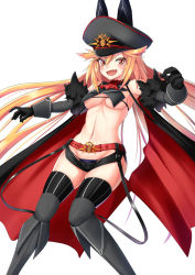 Rule 34 | 1girl, :d, armpits, bare shoulders, belt, black gloves, black hat, black panties, black thighhighs, blonde hair, boots, breast curtains, breasts, cape, detached sleeves, fang, fur trim, gloves, hair between eyes, hair flaps, hat, highres, himitsu kessha schwarzschild, long hair, looking at viewer, medium breasts, micro shorts, navel, no bra, open mouth, orange eyes, outstretched arms, panties, peaked cap, red neckwear, revealing clothes, shorts, simple background, skindentation, sleeveless, smile, solo, stomach, striped clothes, striped thighhighs, thigh boots, thighhighs, tks (526tks), toudou chloe, underboob, underwear, v-shaped eyebrows, virtual youtuber, white background