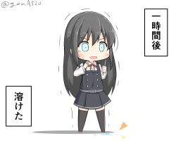Rule 34 | 1girl, asashio (kancolle), belt, black hair, black thighhighs, blue eyes, chibi, commentary request, dress, full body, goma (yoku yatta hou jane), kantai collection, legs apart, long hair, long sleeves, one-hour drawing challenge, open mouth, pinafore dress, popsicle stick, shirt, simple background, sleeveless, sleeveless dress, solo, standing, thighhighs, translation request, trembling, twitter username, white background, white shirt