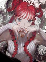 Rule 34 | 1girl, bare shoulders, blue eyes, breasts, bug, centipede, detached sleeves, dress, fingernails, hair ornament, hairclip, highres, long hair, lowe 410, nail polish, original, red hair, red pupils, small breasts, solo, twintails, upper body, white dress
