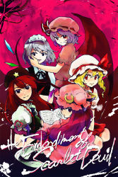 Rule 34 | 5girls, beret, blonde hair, china dress, chinese clothes, crescent hat ornament, crystal, demon wings, dress, female focus, flandre scarlet, hat, hat ornament, hong meiling, izayoi sakuya, kuma (artist), kuma (crimsonvanilla), looking at viewer, maid headdress, mob cap, multiple girls, patchouli knowledge, purple hair, red eyes, red hair, remilia scarlet, short hair, silver hair, star (symbol), embodiment of scarlet devil, touhou, vampire, wings