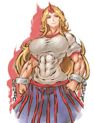 Rule 34 | 1girl, abs, blonde hair, breasts, chain, covered navel, cuffs, female focus, highres, horns, hoshiguma yuugi, large breasts, long hair, looking at viewer, muscular, muscular female, nameo (judgemasterkou), red eyes, shackles, shirt, single horn, skirt, smirk, solo, touhou, touhou (pc-98), very long hair