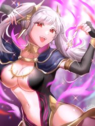 Rule 34 | 1girl, aura, breasts, bridal gauntlets, cape, cleavage, cleavage cutout, cloak, clothing cutout, collarbone, dark aura, dragon girl, falchion (fire emblem), fangs, fire emblem, fire emblem awakening, fire emblem cipher, fire emblem heroes, grima (fire emblem), highres, hip vent, large breasts, long hair, looking at viewer, magic, mature female, navel, navel cutout, nintendo, official alternate costume, open mouth, plunging neckline, red eyes, robin (female) (fire emblem), robin (fire emblem), smile, solo, twintails, upper body, white hair, youhei choregi