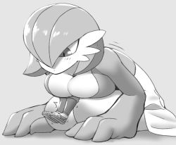 Rule 34 | 1boy, 1girl, alpha pokemon, bent over, blush, bob cut, breast press, breasts, cleavage, closed mouth, creatures (company), expressionless, full body, game freak, gardevoir, gen 3 pokemon, grey background, greyscale, hair over one eye, highres, large breasts, leaning forward, leg warmers, legs together, light blush, looking down, monochrome, motion lines, nintendo, one eye covered, pero (pero7762), pokemon, pokemon (creature), pokemon legends: arceus, rei (pokemon), sandals, seiza, short hair, simple background, sitting, size difference, solo focus, squishing, trembling