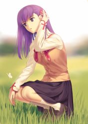 Rule 34 | 1girl, adjusting hair, breasts, bug, butterfly, fate/stay night, fate (series), female focus, full body, tucking hair, hand in own hair, homurahara academy school uniform, insect, large breasts, matou sakura, purple eyes, purple hair, school uniform, skirt, socks, solo, squatting, tsukikanade, type-moon