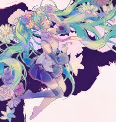 Rule 34 | 1girl, bare shoulders, black skirt, black sleeves, black thighhighs, closed eyes, closed mouth, collared shirt, daisy, detached sleeves, eyelashes, fingernails, floating hair, flower, full body, green hair, hair flower, hair ornament, hand on own head, hatsune miku, highres, holding, holding flower, lily (flower), lipstick, long hair, makeup, miniskirt, necktie, no shoes, pink flower, pink lips, pink necktie, pink rose, pink trim, pleated skirt, purple flower, purple rose, red flower, red rose, rose, shirt, single barefoot, single thighhigh, skirt, sky, sleeveless, sleeveless shirt, smile, solo, space, star (sky), starry sky, thick eyebrows, thighhighs, twintails, two-tone background, very long hair, vocaloid, white background, white flower, white shirt, wide sleeves, yanmian (printemps-noir)