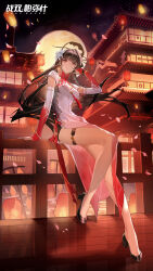Rule 34 | architecture, black hair, china dress, chinese clothes, city, dress, full moon, hair ornament, high heels, highres, lantern, looking at viewer, moon, night, official art, paper lantern, punishing: gray raven, qu (punishing: gray raven), railing, red eyes, sitting, zhang shuang pa mi shi
