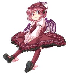 Rule 34 | 1girl, animal ears, arm strap, blush, brown socks, colored eyelashes, dress, embarrassed, female focus, fingernails, frilled dress, frills, full body, hat, kneehighs, long fingernails, long sleeves, looking at viewer, maman, mystia lorelei, nail polish, nervous, pink eyes, pink hair, pixel art, puffy sleeves, raised eyebrow, shoes, short hair, simple background, socks, solo, touhou, v arms, white background, wings