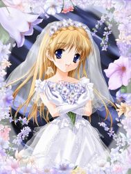 Rule 34 | 1girl, blonde hair, blue eyes, bridal veil, bride, dress, flower, gloves, highres, lace, lace-trimmed gloves, lace trim, miyase mahiro, see-through, solo, veil, wedding dress, white dress, white gloves