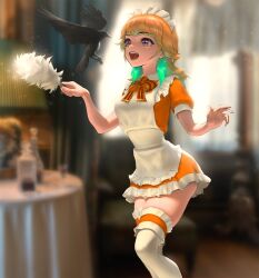 Rule 34 | 1girl, :d, alternate costume, apron, blurry, blurry background, blush, bow, bowtie, breasts, contrapposto, depth of field, dress, earrings, feather earrings, feathers, frills, gradient hair, green hair, highres, holding, hololive, hololive english, holomyth, indoors, infi, jewelry, large breasts, long hair, looking at viewer, maid, maid apron, maid headdress, multicolored hair, open mouth, orange hair, puffy short sleeves, puffy sleeves, purple eyes, short sleeves, skirt, smile, solo, takanashi kiara, thighhighs, virtual youtuber, zettai ryouiki
