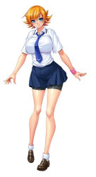 Rule 34 | 1girl, bare legs, bare shoulders, blonde hair, blue eyes, breasts, curvy, female focus, full body, highres, igawa sakura, jumping, kagami hirotaka, large breasts, lilith-soft, looking at viewer, school uniform, shiny skin, short hair, simple background, skirt, smile, solo, standing, taimanin (series), taimanin asagi, taimanin asagi zero, white background