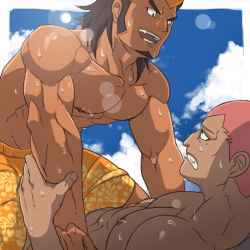 Rule 34 | 2boys, abs, bara, inazuma eleven (series), male focus, multicolored hair, multiple boys, muscular, nikism, outdoors, pectorals, topless male, straddling, tagme, yaoi