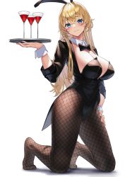 Rule 34 | 1girl, absurdres, animal ears, black bow, black leotard, black pantyhose, blonde hair, blue eyes, blush, bow, breasts, cleavage, closed mouth, crossed bangs, cup, detached collar, drinking glass, fake animal ears, fishnet pantyhose, fishnets, hair between eyes, hand on own hip, highres, holding, holding tray, kneeling, large breasts, leotard, long hair, original, pantyhose, playboy bunny, rabbit ears, sleeves rolled up, tray, white background, wine glass, wrist cuffs, yamanokami eaka