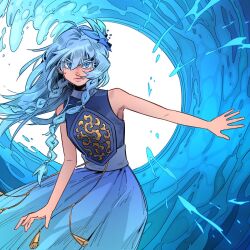 Rule 34 | 1girl, bare shoulders, blue bow, blue eyes, blue hair, bow, braid, collared dress, commentary, dress, english commentary, hair bow, highres, long hair, original, print dress, sleeveless, sleeveless dress, solo, standing, twin braids, universum comics, v-shaped eyebrows, water, water drop