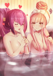 Rule 34 | 2girls, absurdres, alternate hairstyle, bath, bathing, blush, breasts, cleavage, commentary request, dolce (dolsuke), embarrassed, fate/grand order, fate (series), food, hair bun, hair censor, hair ornament, hair over breasts, hairclip, heart, highres, holding, holding food, large breasts, long hair, looking at another, medb (fate), medium breasts, multiple girls, nude, onsen, open mouth, outdoors, partially submerged, phallic symbol, pink hair, popsicle, purple hair, rock, scathach (fate), scathach skadi (fate), sexually suggestive, sidelocks, single hair bun, sitting, skirt, squiggle, steam, tongue, towel, towel on head, updo, water, wet, white skirt, yellow eyes