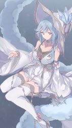 Rule 34 | 1girl, ankle ribbon, bare shoulders, beads, blue hair, bow, breasts, closed mouth, collarbone, crystal, detached collar, detached sleeves, dress, duel monster, floating, hair ribbon, hand up, hat, high heels, highres, large breasts, leg ribbon, long hair, magistus verre cendrillon, multicolored hair, purple eyes, purple hair, ribbon, rilliona (yu-gi-oh!), rilliona the magistus of verre, solo, star (symbol), streaked hair, thighhighs, tsumayouji (dekosoko), two-tone hair, wide sleeves, witch hat, yu-gi-oh!