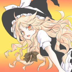 Rule 34 | 1girl, bad id, bad pixiv id, blonde hair, blush, bow, female focus, gradient background, hair bow, hat, hat bow, kirisame marisa, long hair, open mouth, orange eyes, solo, touhou, umxzo, witch, witch hat